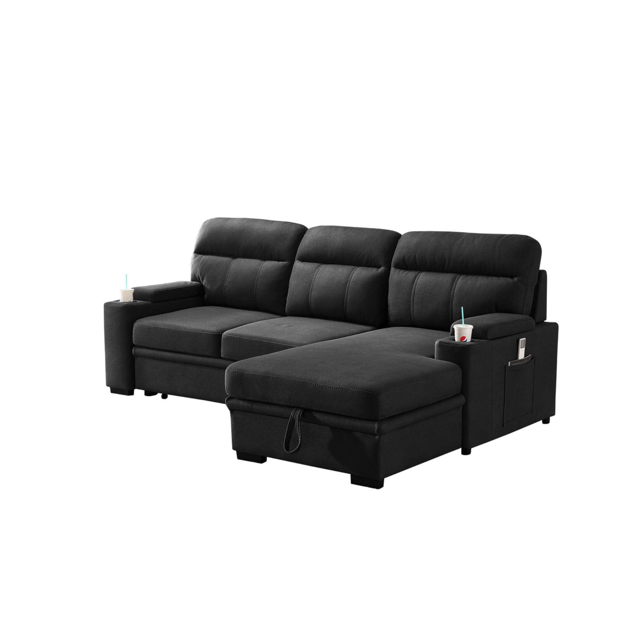 Lilola Home Kaden Black Fabric Sleeper Sectional Sofa Chaise with Storage Arms and Cupholder